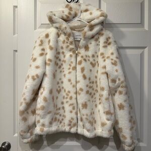 Nine West white and cream/tan faux fur hoodie zip up jacket size medium